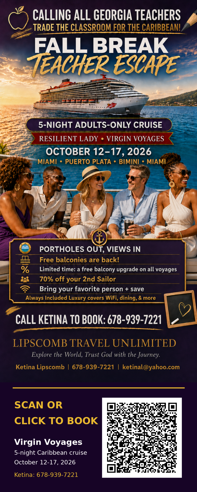 Fall Break Teacher Escape aboard Virgin Voyages Resilient Lady, October 12 through 17, 2026